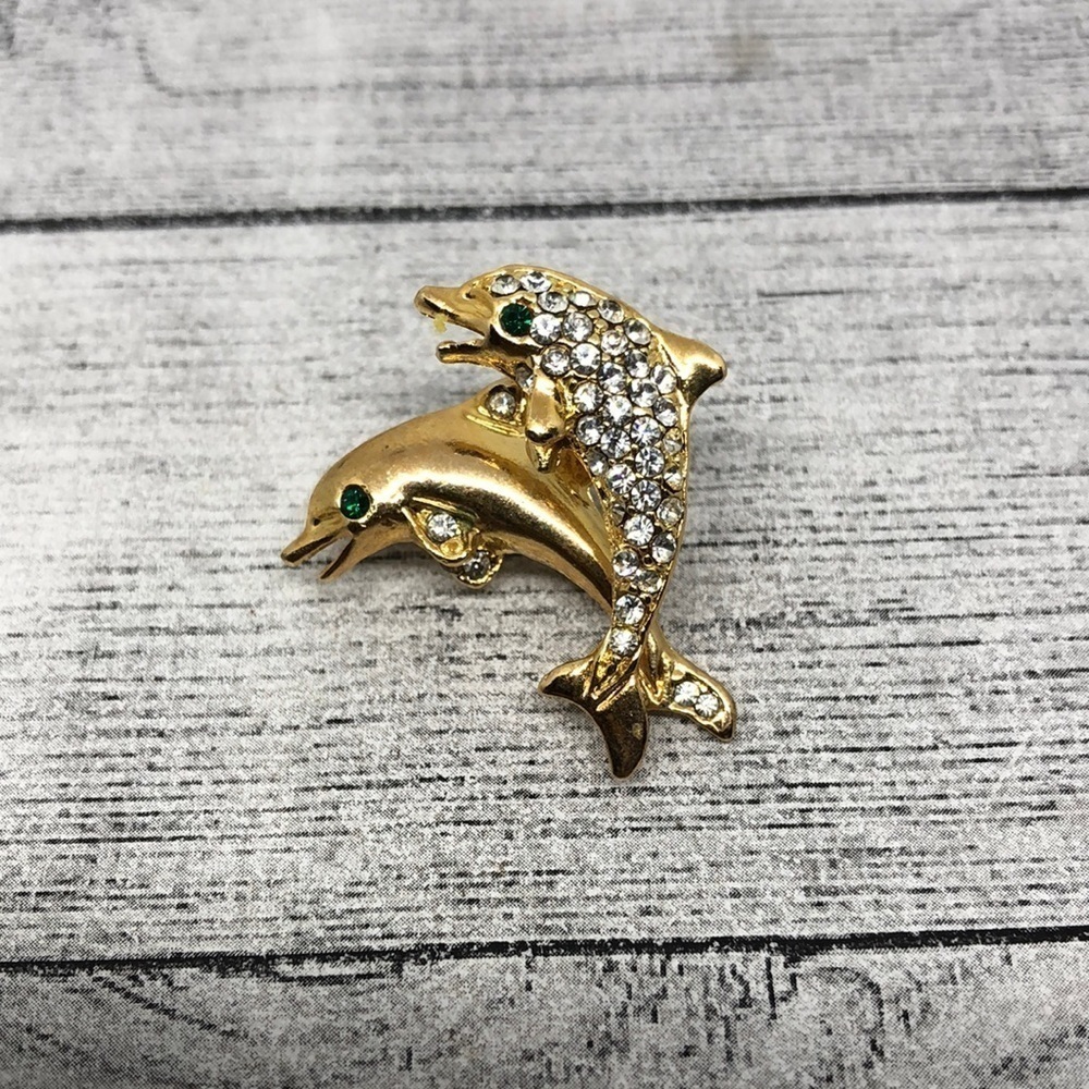 Retro gold tone brooch 2 jumping dolphins glam statement